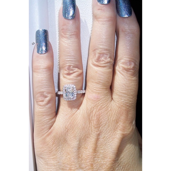 925 STERLING SILVER Radiant Cut Clear Cubic Zirconia Halo Ring - Picture 2 of 16